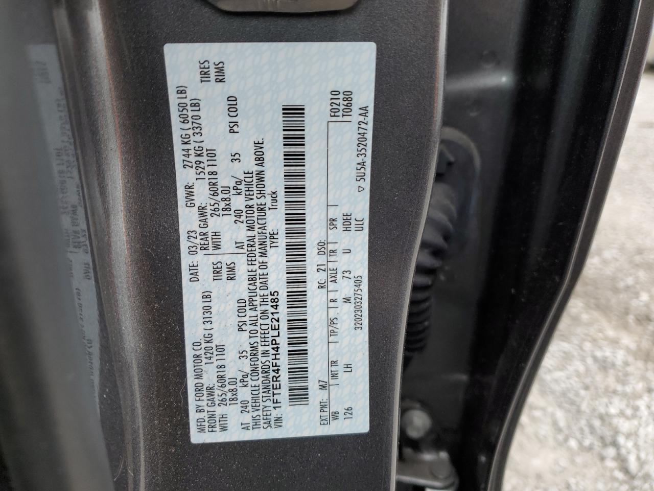 2023 FORD RANGER XL VIN:1FTER4FH4PLE21485