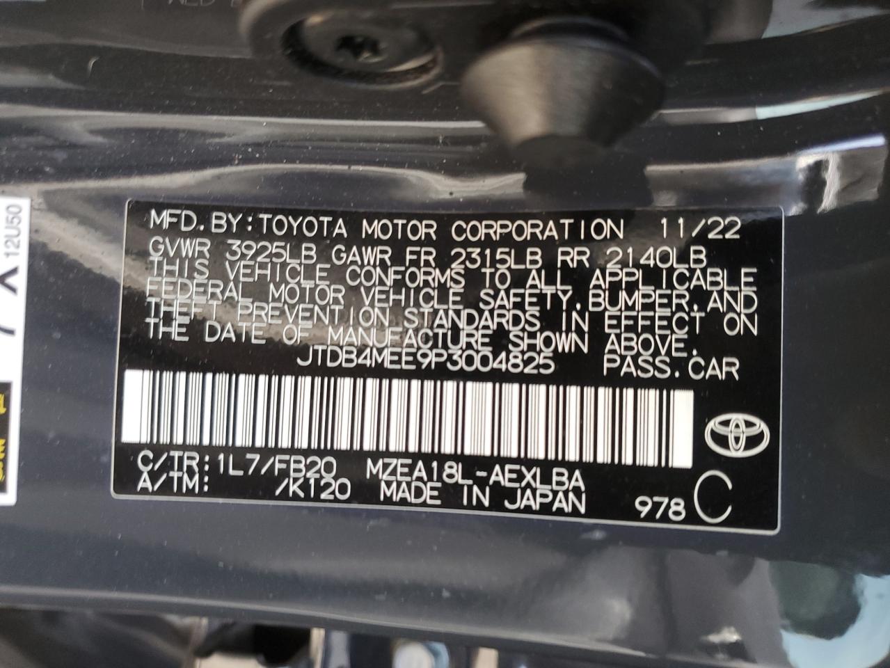 2023 TOYOTA COROLLA LE VIN:JTDB4MEE9P3004825
