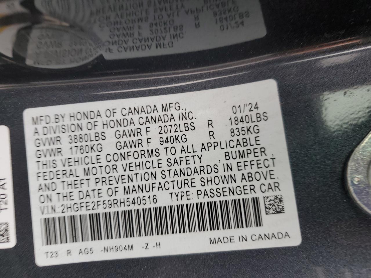 2024 HONDA CIVIC SPORT VIN:2HGFE2F59RH540516