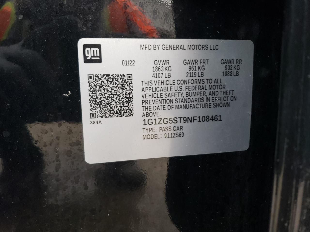 2022 CHEVROLET MALIBU RS VIN:1G1ZG5ST9NF108461