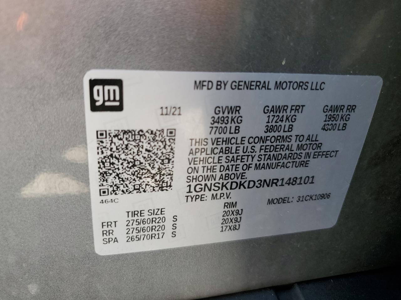 2022 CHEVROLET SUBURBAN K1500 Z71 VIN:1GNSKDKD3NR148101