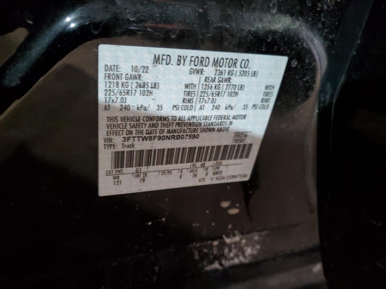 2022 FORD MAVERICK XL VIN:3FTTW8F90NRB07590