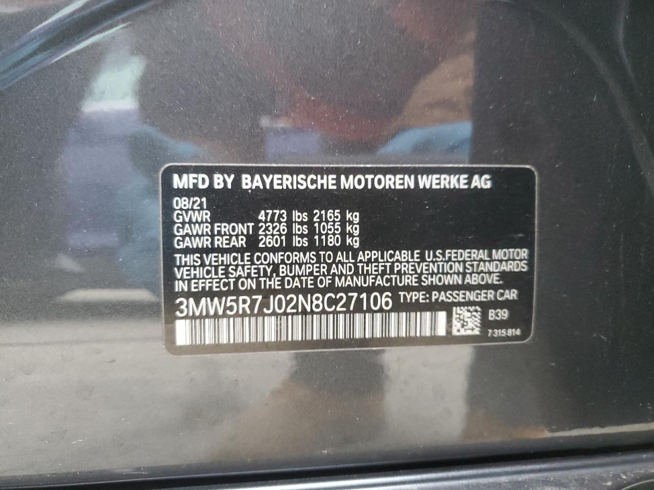 2022 BMW 330XI  VIN:3MW5R7J02N8C27106