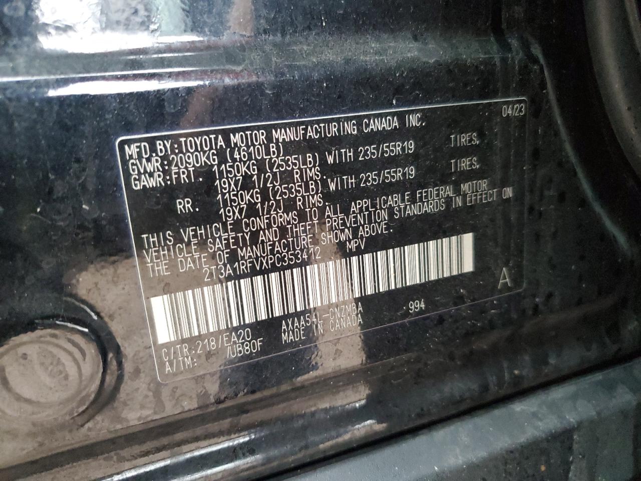 2023 TOYOTA RAV4 XLE PREMIUM VIN:2T3A1RFVXPC353412