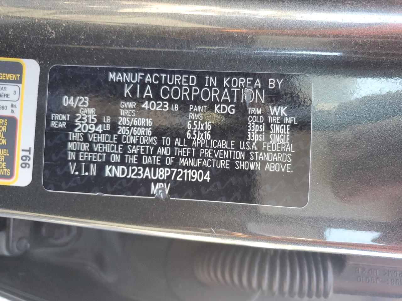 2023 KIA SOUL LX VIN:KNDJ23AU8P7211904