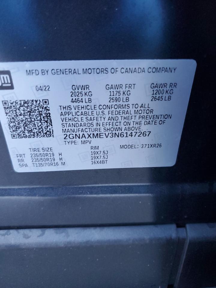 2022 CHEVROLET EQUINOX RS VIN:2GNAXMEV3N6147267