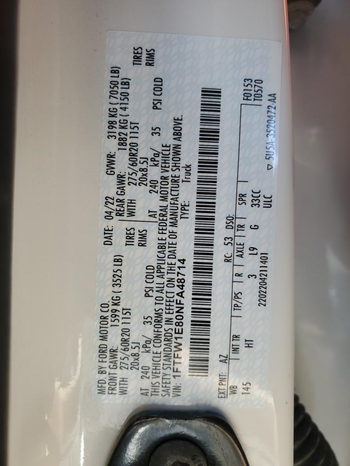 2022 FORD F150 SUPERCREW VIN:1FTFW1E80NFA48714