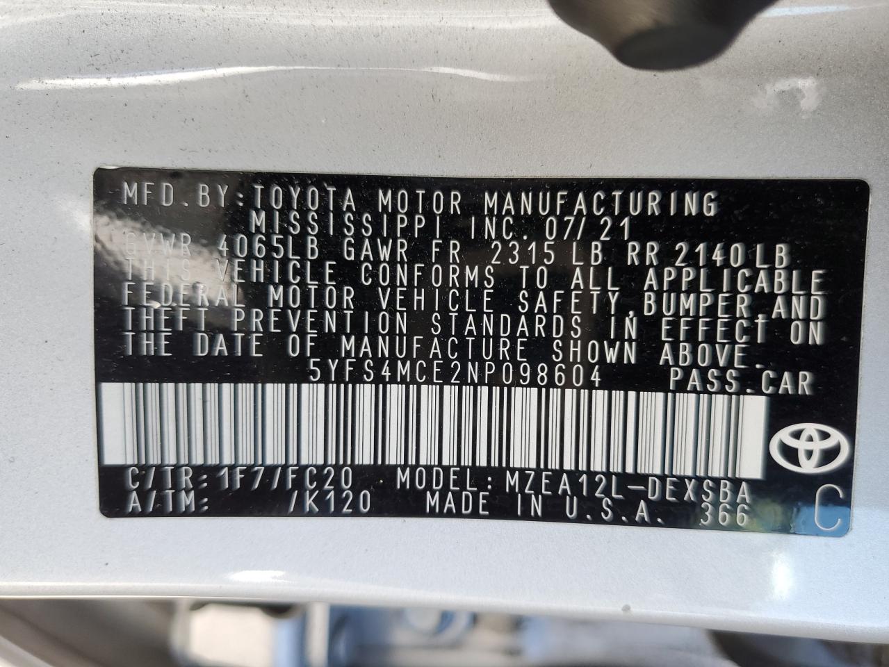 2022 TOYOTA COROLLA SE VIN:5YFS4MCE2NP098604