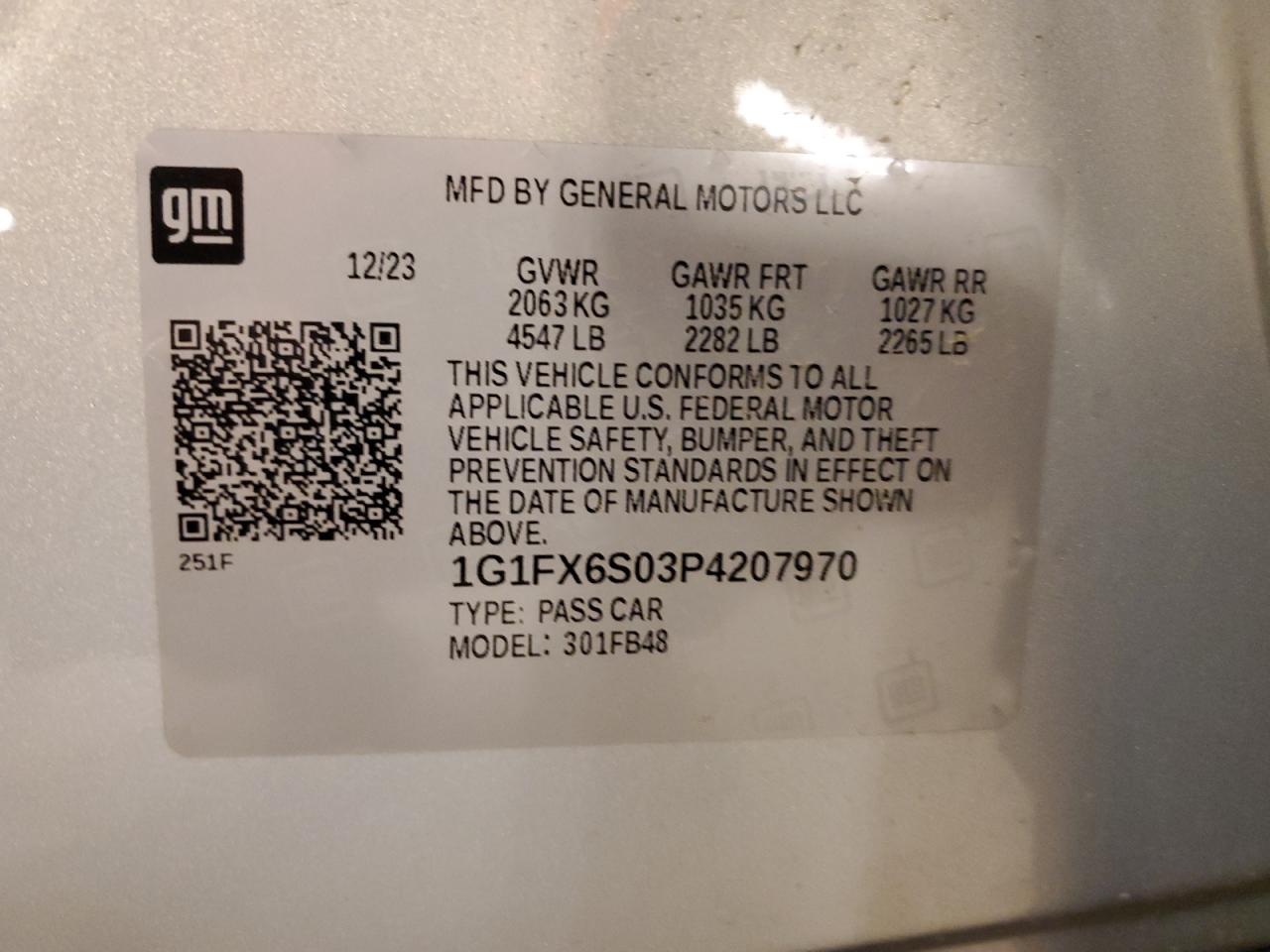 2023 CHEVROLET BOLT EV 2LT VIN:1G1FX6S03P4207970