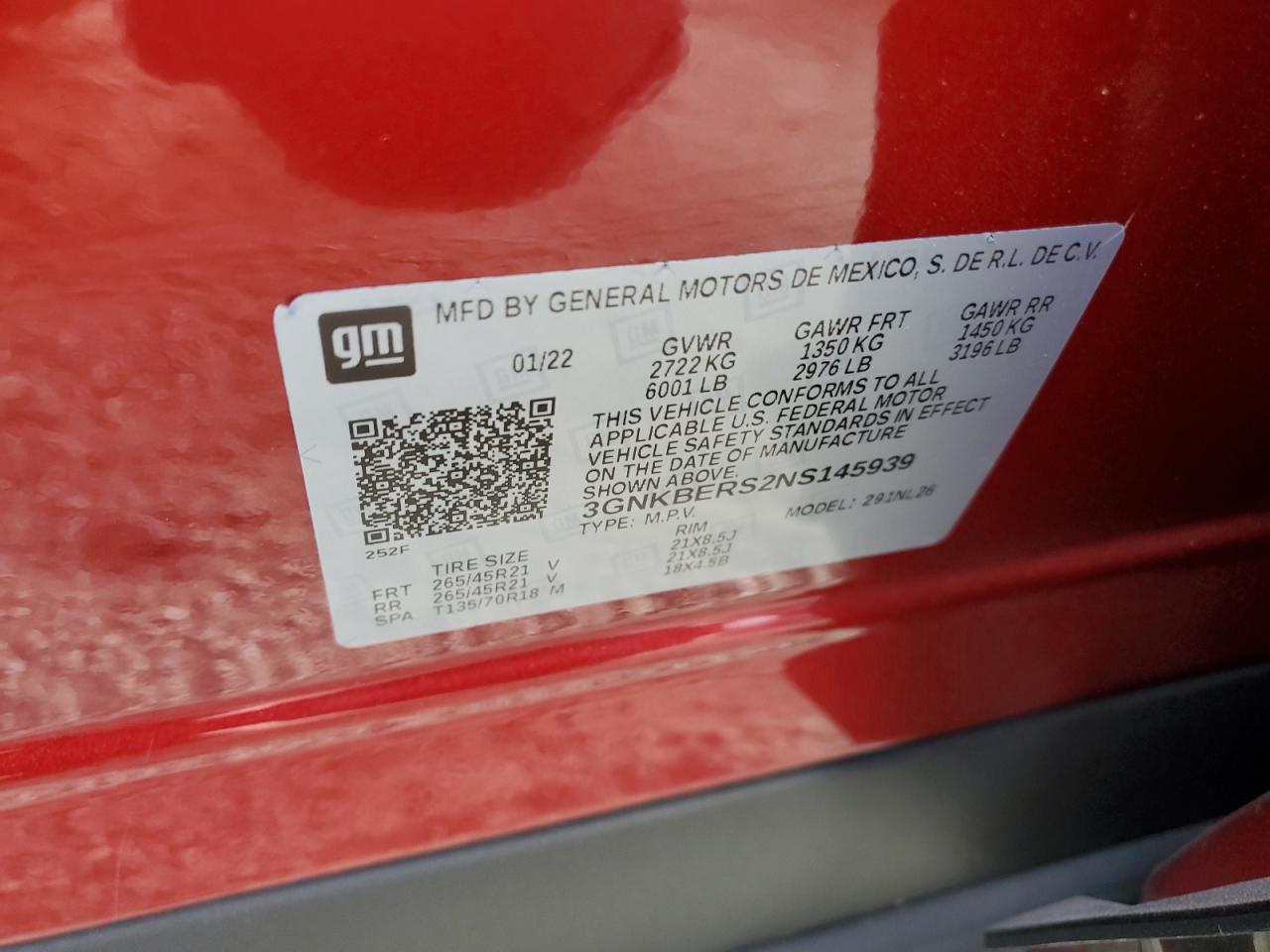 2022 CHEVROLET BLAZER RS VIN:3GNKBERS2NS145939