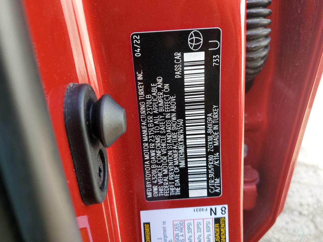 2022 TOYOTA C-HR XLE VIN:NMTKHMBX1NR145540