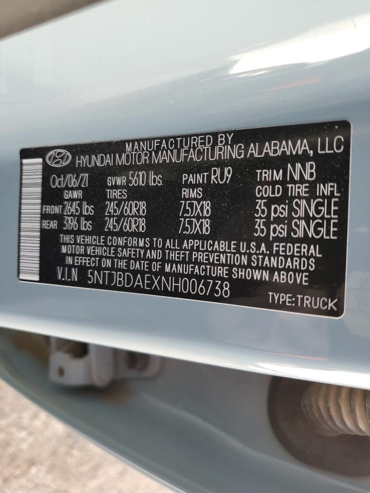 2022 HYUNDAI SANTA CRUZ SEL VIN:5NTJBDAEXNH006738