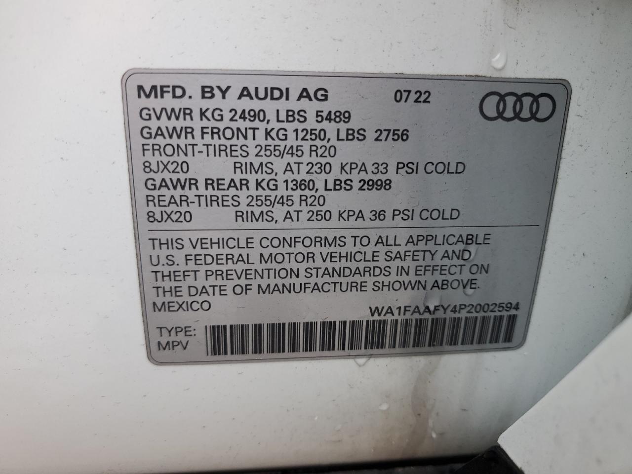 2023 AUDI Q5 PRESTIGE 45 VIN:WA1FAAFY4P2002594