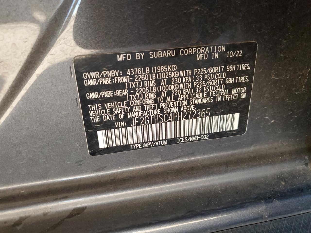 2023 SUBARU CROSSTREK SPORT VIN:JF2GTHSC4PH272365