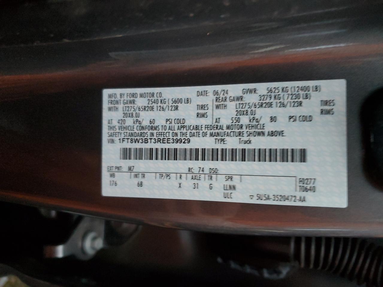 2024 FORD F350 SUPER DUTY VIN:1FT8W3BT3REE39929