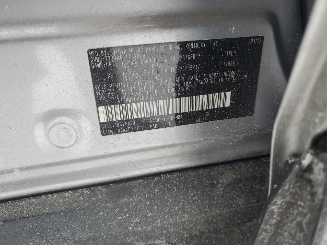 2022 TOYOTA RAV4 XLE VIN:4T3RWRFV8NU052704