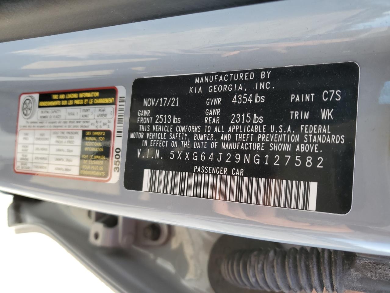 2022 KIA K5 GT LINE VIN:5XXG64J29NG127582