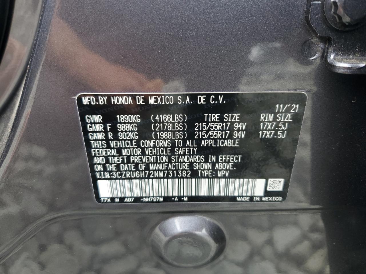 2022 HONDA HR-V EXL VIN:3CZRU6H72NM731382