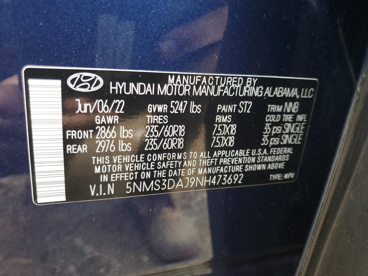 2022 HYUNDAI SANTA FE SEL VIN:5NMS3DAJ9NH473692