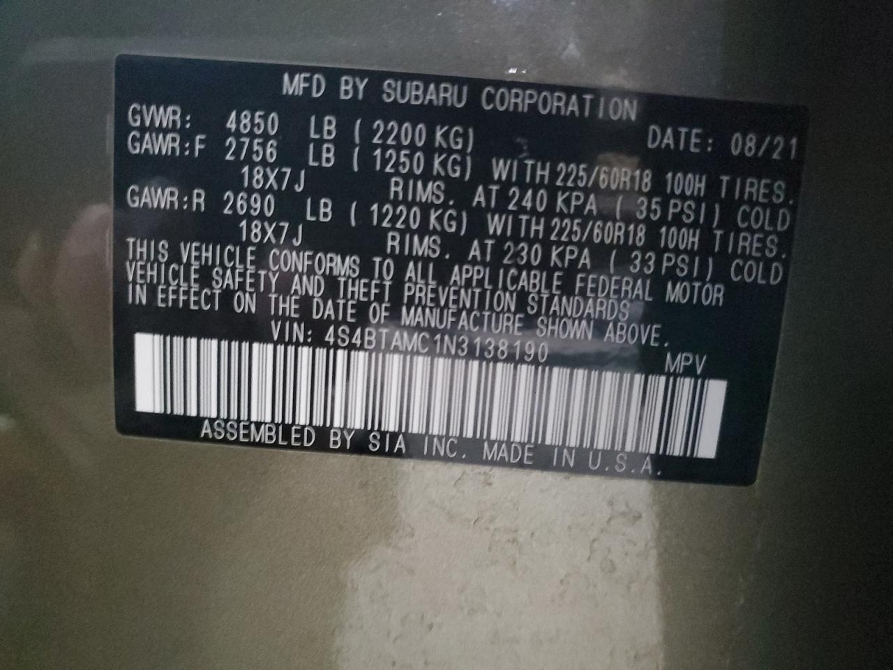 2022 SUBARU OUTBACK LIMITED VIN:4S4BTAMC1N3138190