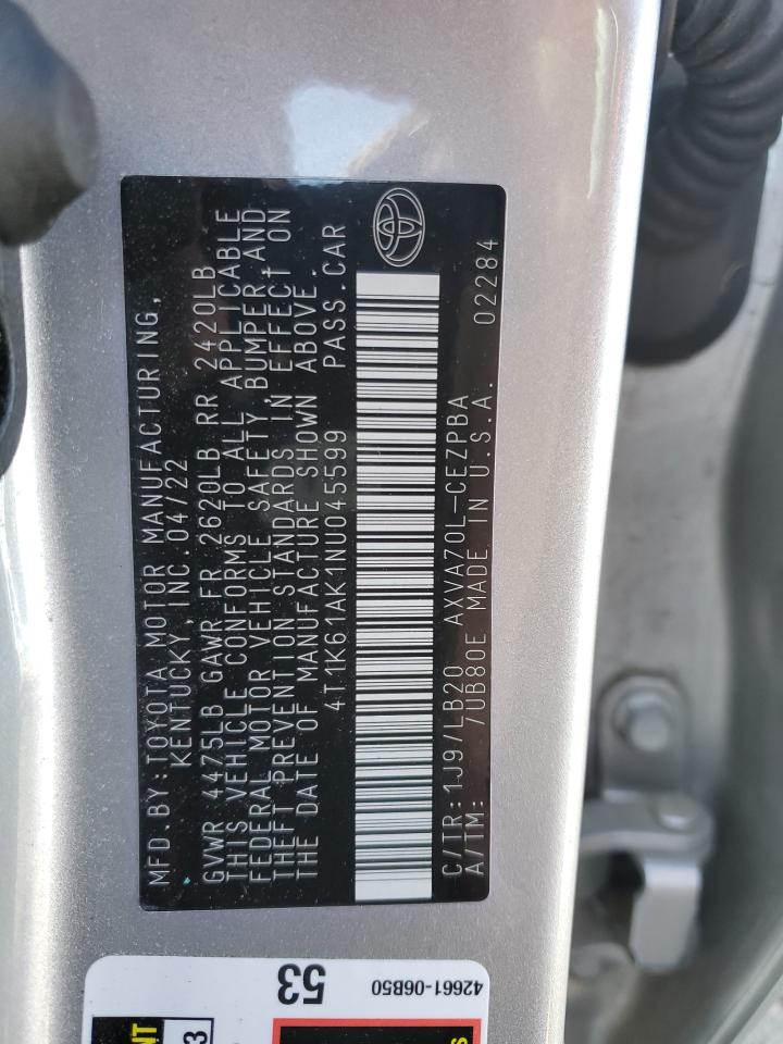 2022 TOYOTA CAMRY XSE VIN:4T1K61AK1NU045599