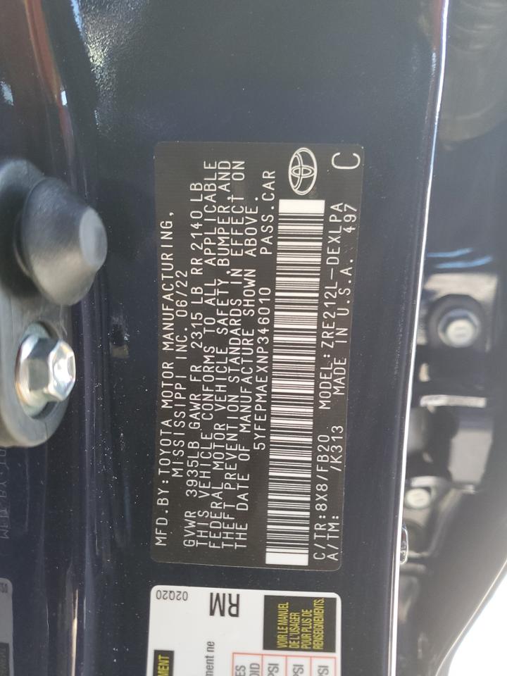 2022 TOYOTA COROLLA LE VIN:5YFEPMAEXNP346010