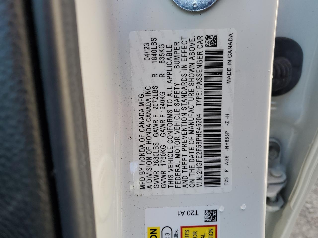 2023 HONDA CIVIC SPORT VIN:2HGFE2F58PH545204