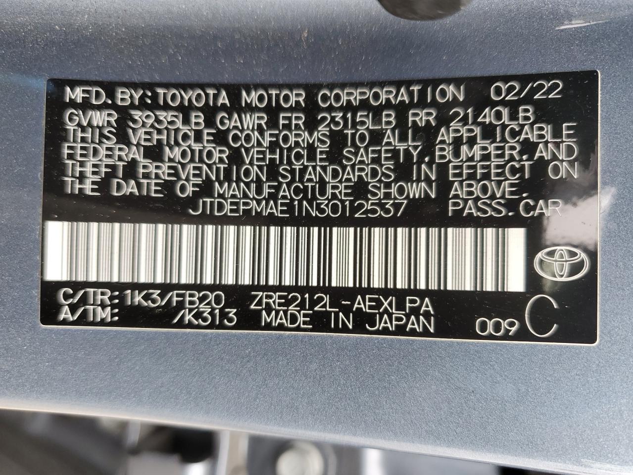 2022 TOYOTA COROLLA LE VIN:JTDEPMAE1N3012537