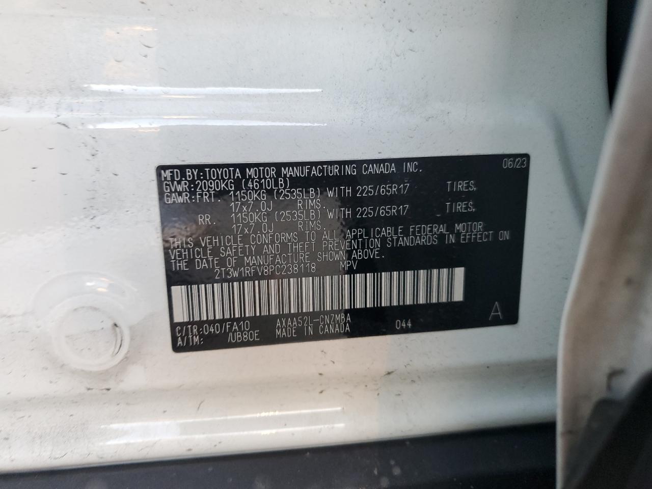 2023 TOYOTA RAV4 XLE VIN:2T3W1RFV8PC238118