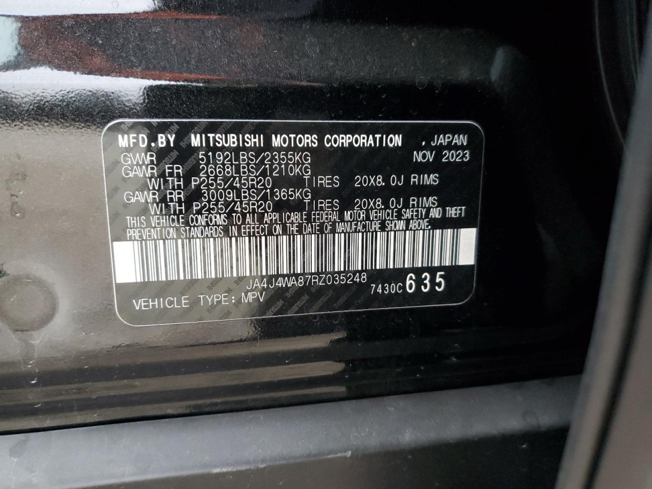 2024 MITSUBISHI OUTLANDER SEL VIN:JA4J4WA87RZ035248