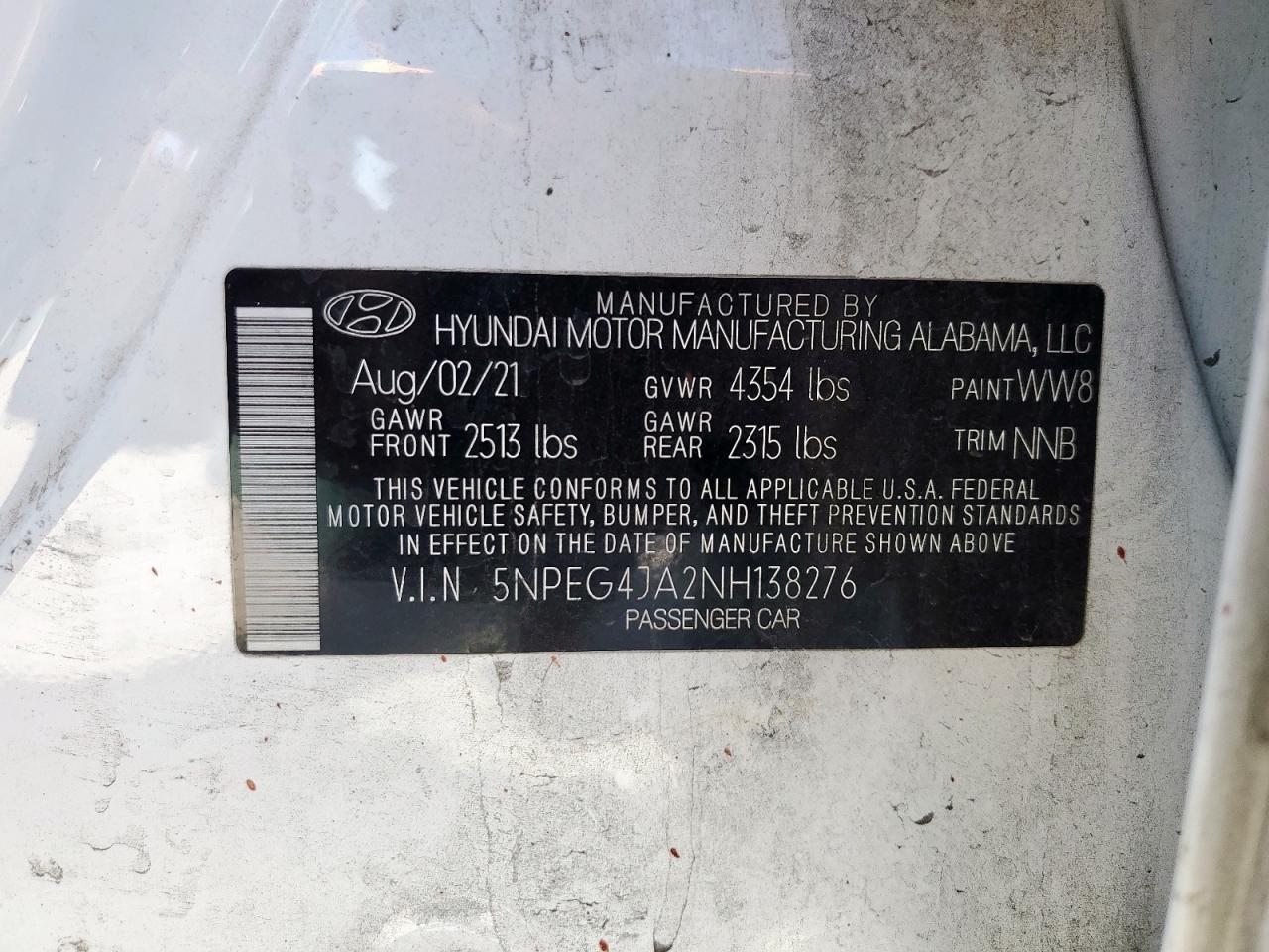 2022 HYUNDAI SONATA SE VIN:5NPEG4JA2NH138276