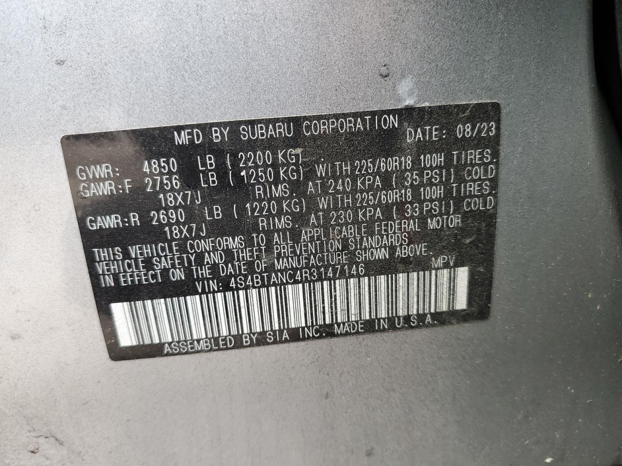 2024 SUBARU OUTBACK LIMITED VIN:4S4BTANC4R3147146