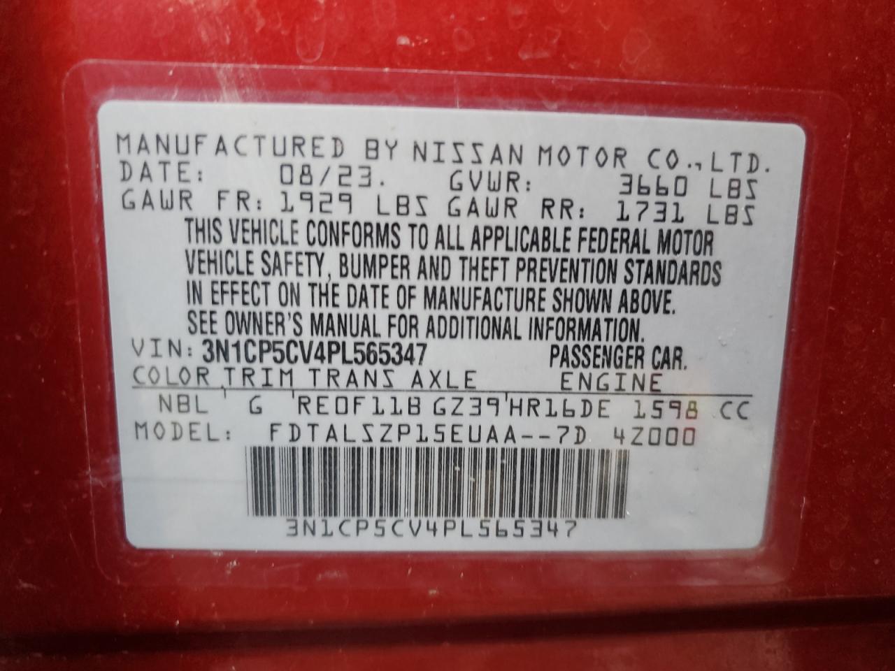 2023 NISSAN KICKS SV VIN:3N1CP5CV4PL565347