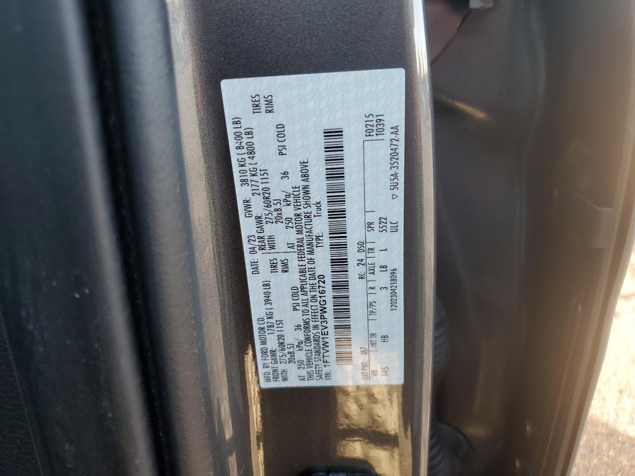 2023 FORD F150 LIGHTNING PRO VIN:1FTVW1EV3PWG16720