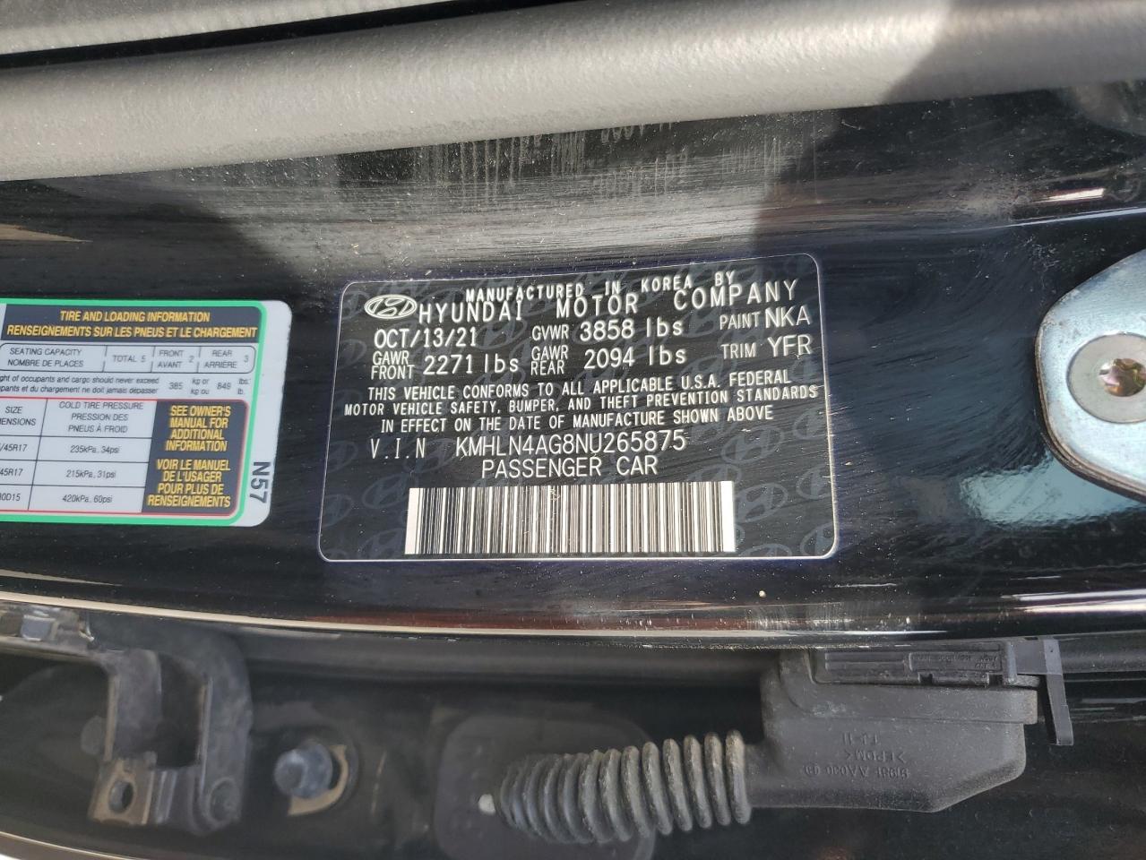 2022 HYUNDAI ELANTRA SEL VIN:KMHLN4AG8NU265875