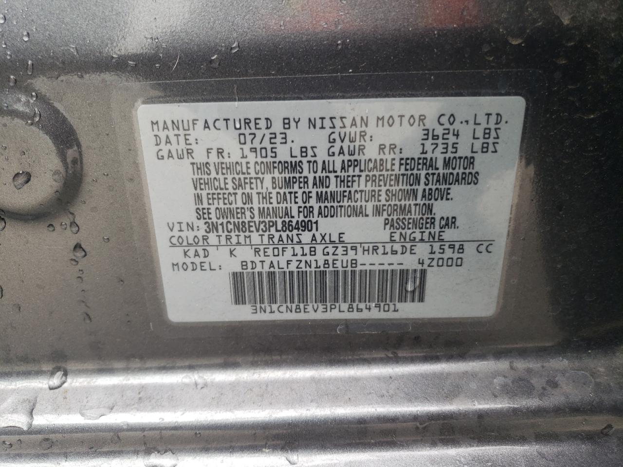 2023 NISSAN VERSA SV VIN:3N1CN8EV3PL864901