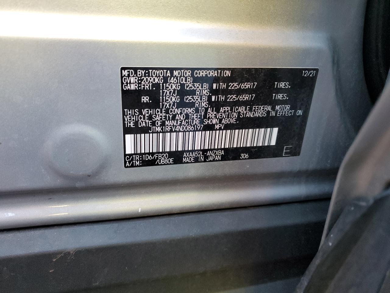 2022 TOYOTA RAV4 LE VIN:JTMK1RFV4ND086197
