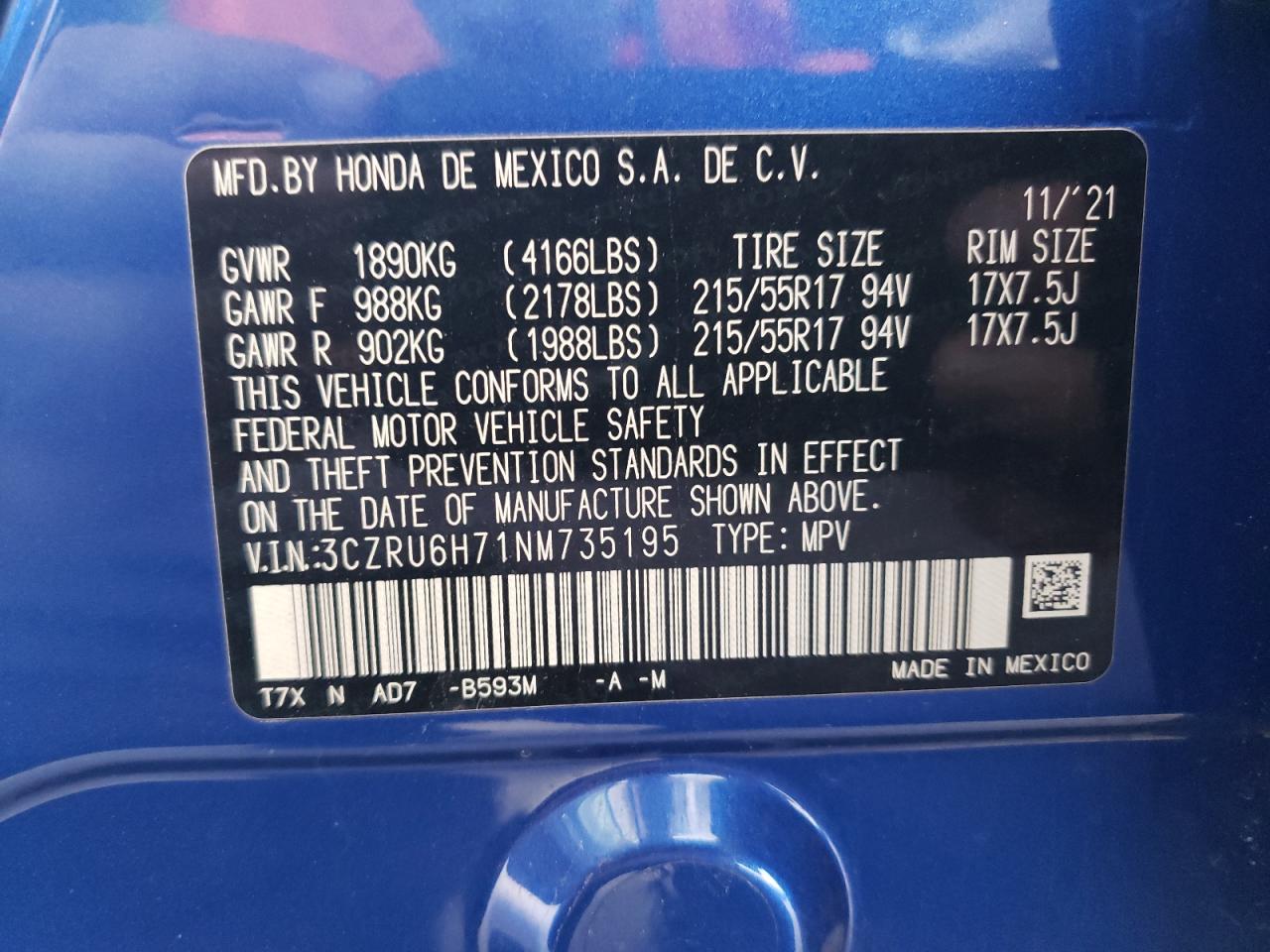 2022 HONDA HR-V EXL VIN:3CZRU6H71NM735195