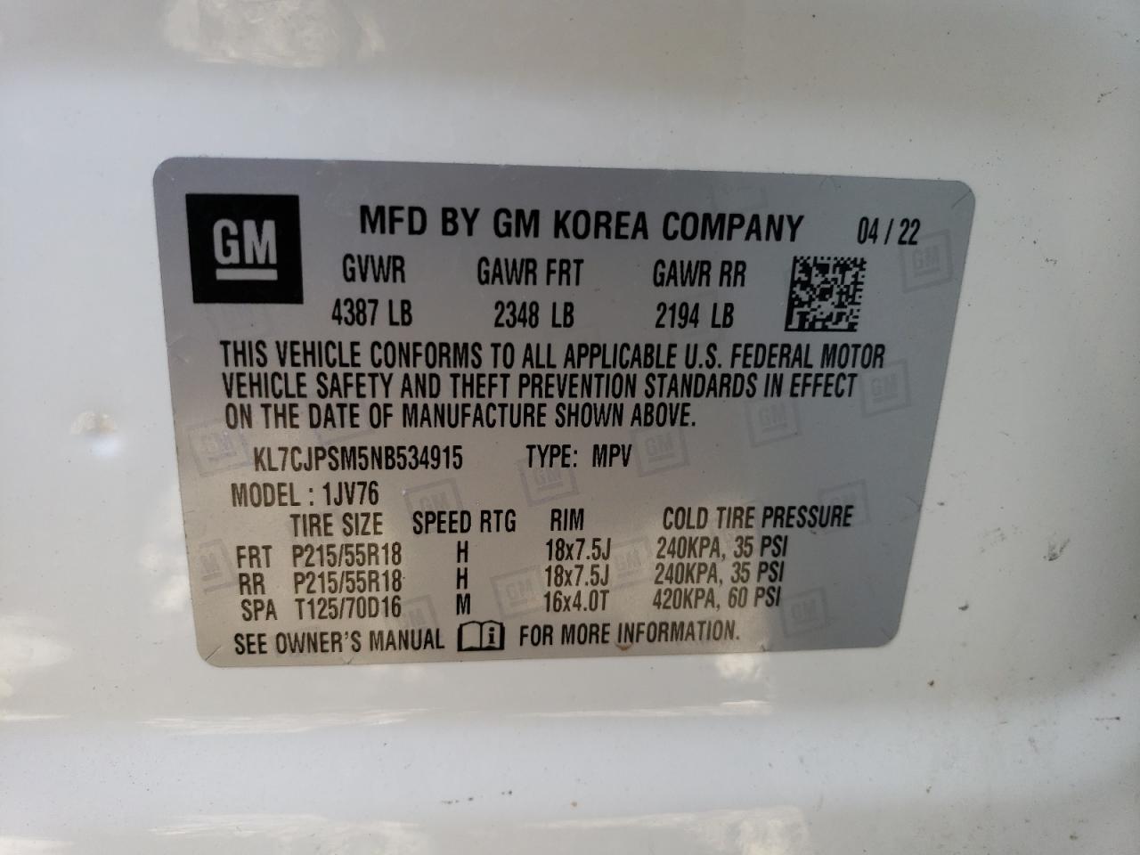 2022 CHEVROLET TRAX 1LT VIN:KL7CJPSM5NB534915