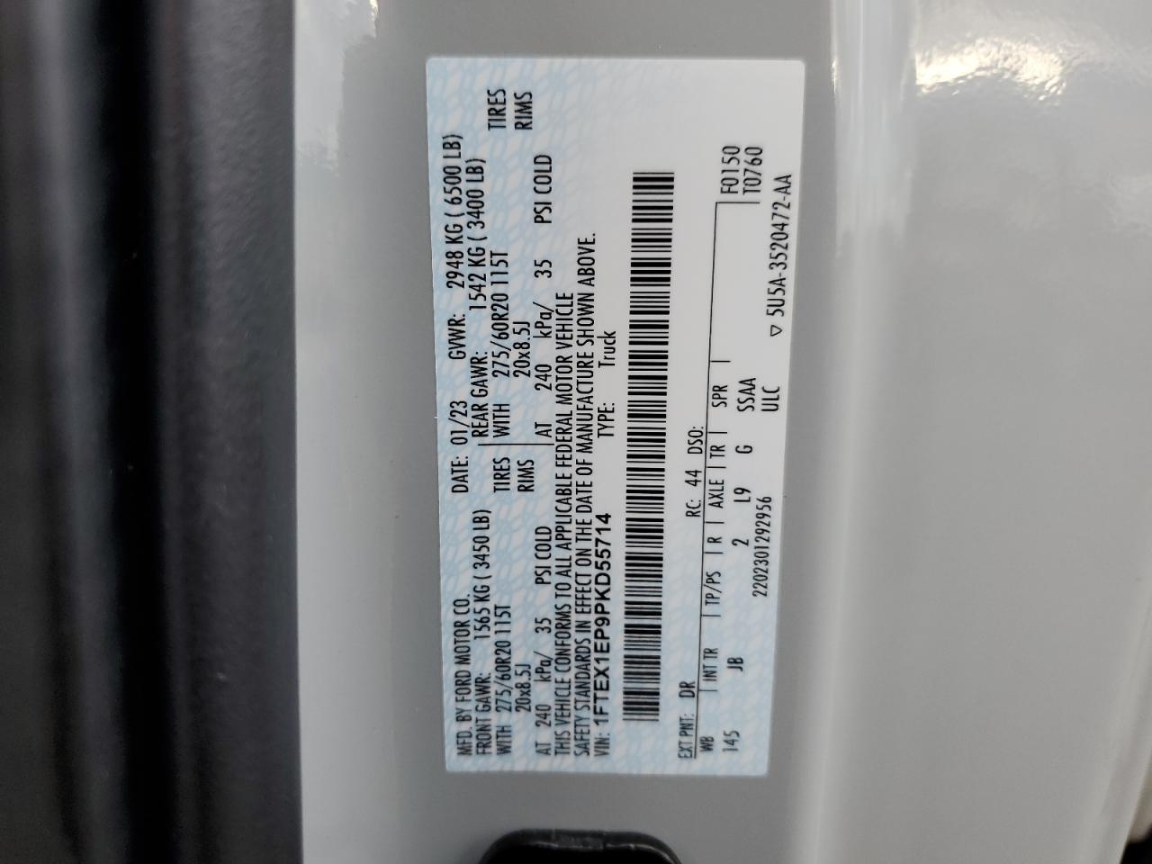 2023 FORD F150 SUPER CAB VIN:1FTEX1EP9PKD55714