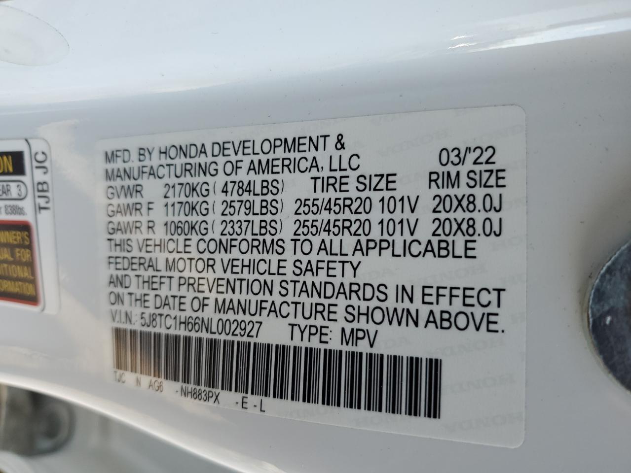 2022 ACURA RDX A-SPEC VIN:5J8TC1H66NL002927