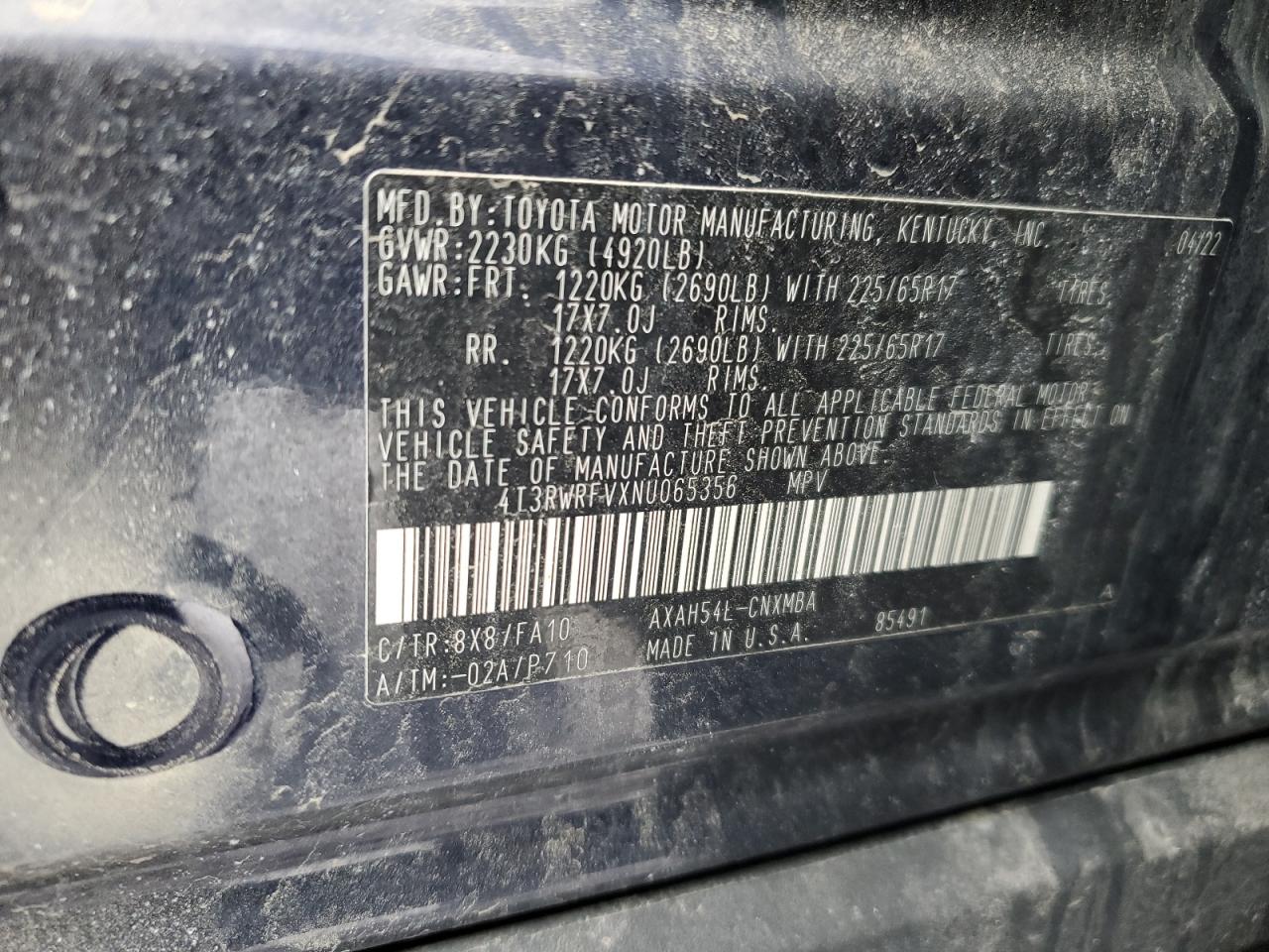 2022 TOYOTA RAV4 XLE VIN:4T3RWRFVXNU065356