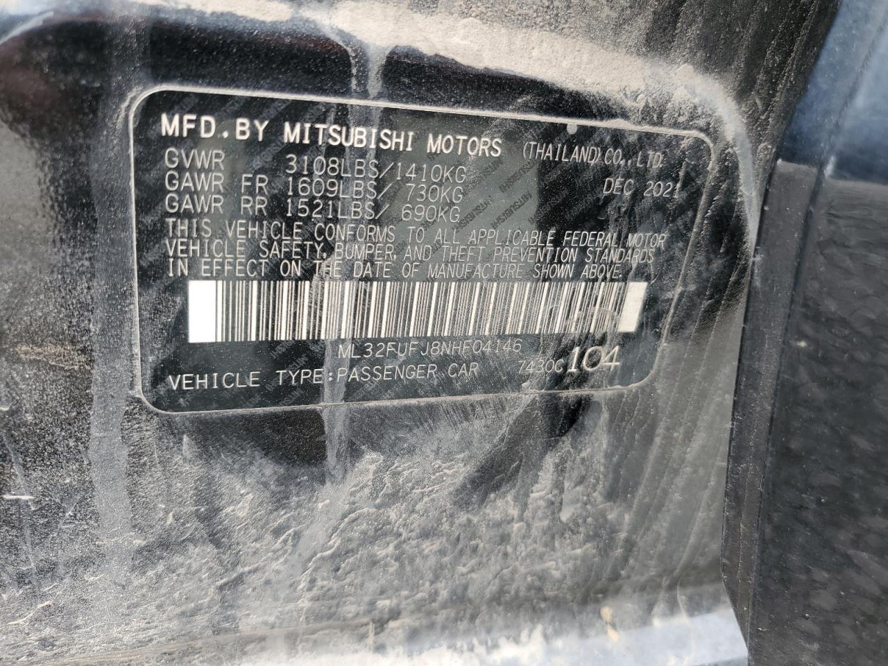 2022 MITSUBISHI MIRAGE G4 ES VIN:ML32FUFJ8NHF04146