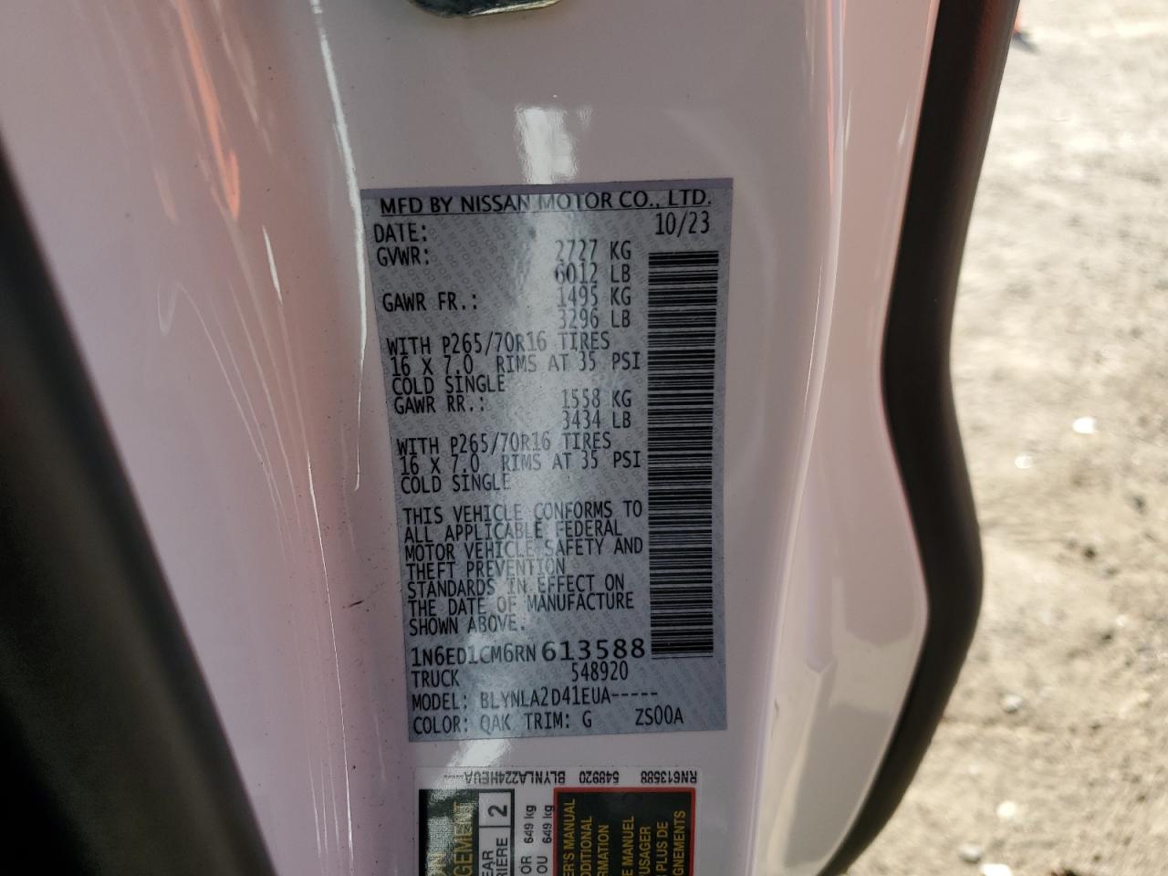 2024 NISSAN FRONTIER S VIN:1N6ED1CM6RN613588