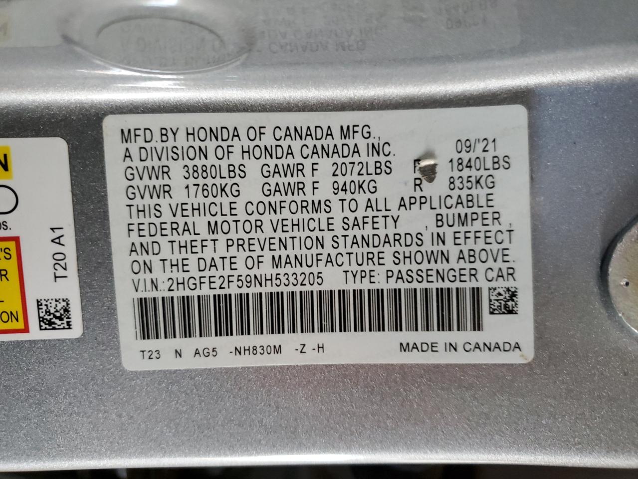 2022 HONDA CIVIC SPORT VIN:2HGFE2F59NH533205