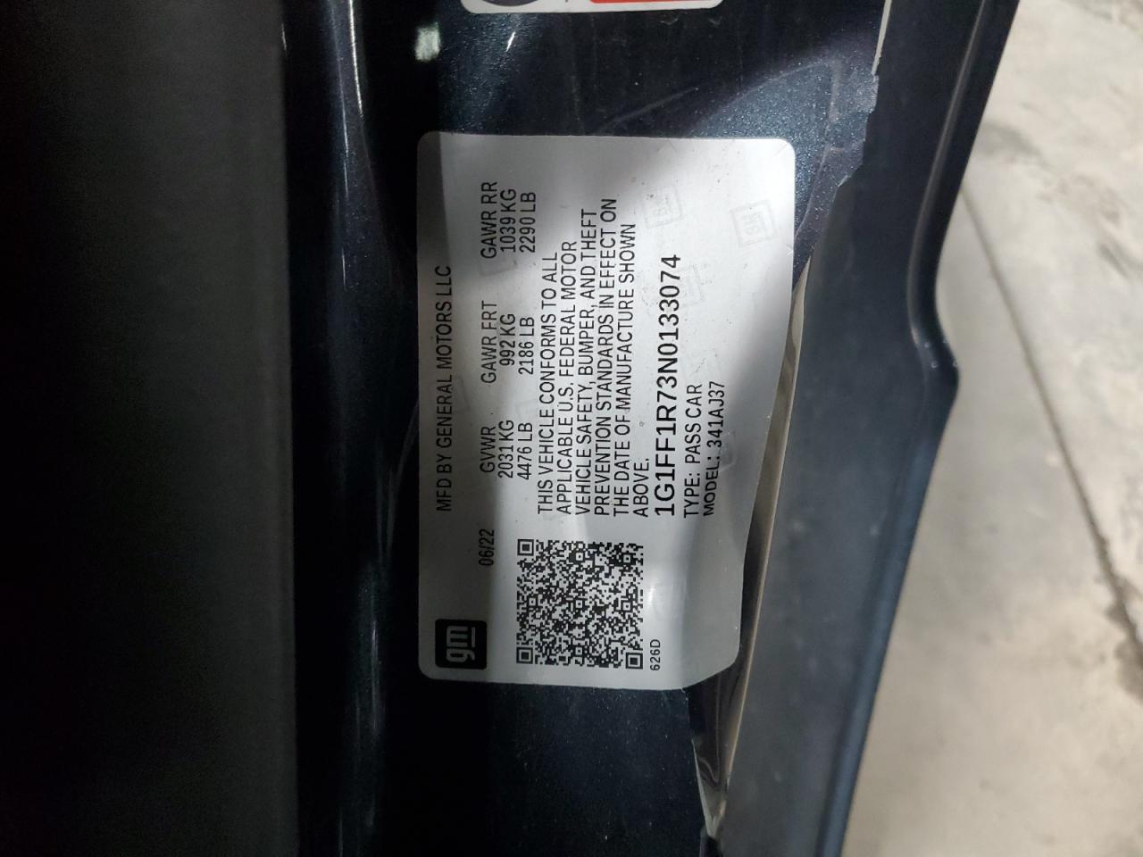 2022 CHEVROLET CAMARO LT1 VIN:1G1FF1R73N0133074