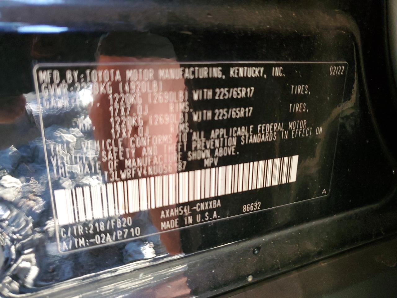 2022 TOYOTA RAV4 LE VIN:4T3LWRFV4NU056187