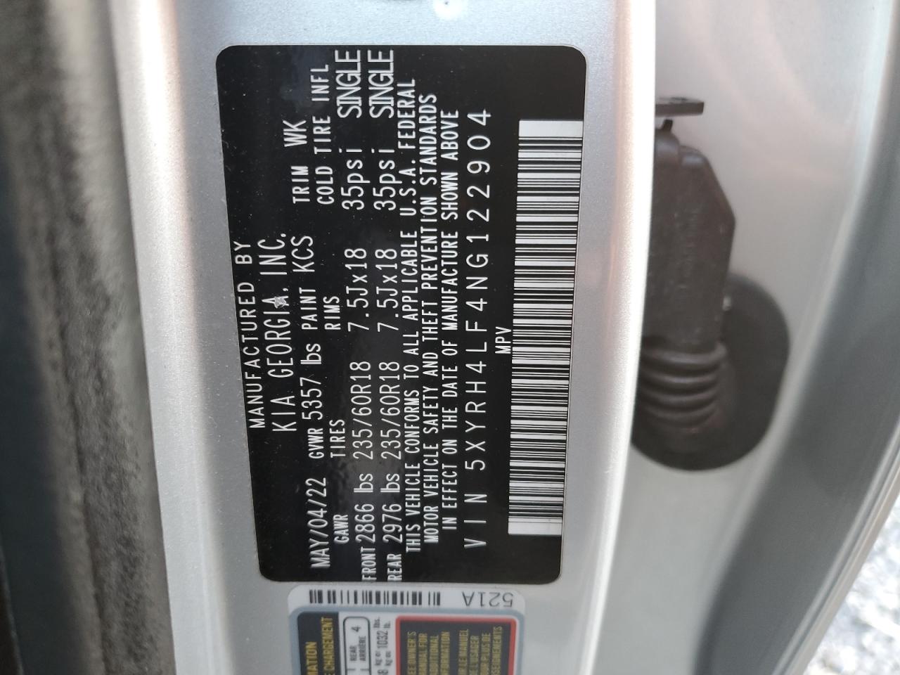 2022 KIA SORENTO EX VIN:5XYRH4LF4NG122904