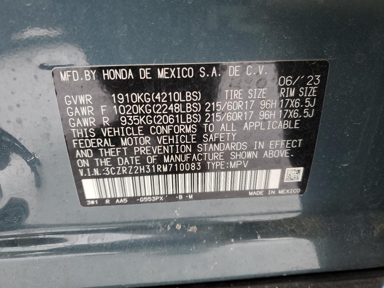 2024 HONDA HR-V LX VIN:3CZRZ2H31RM710083