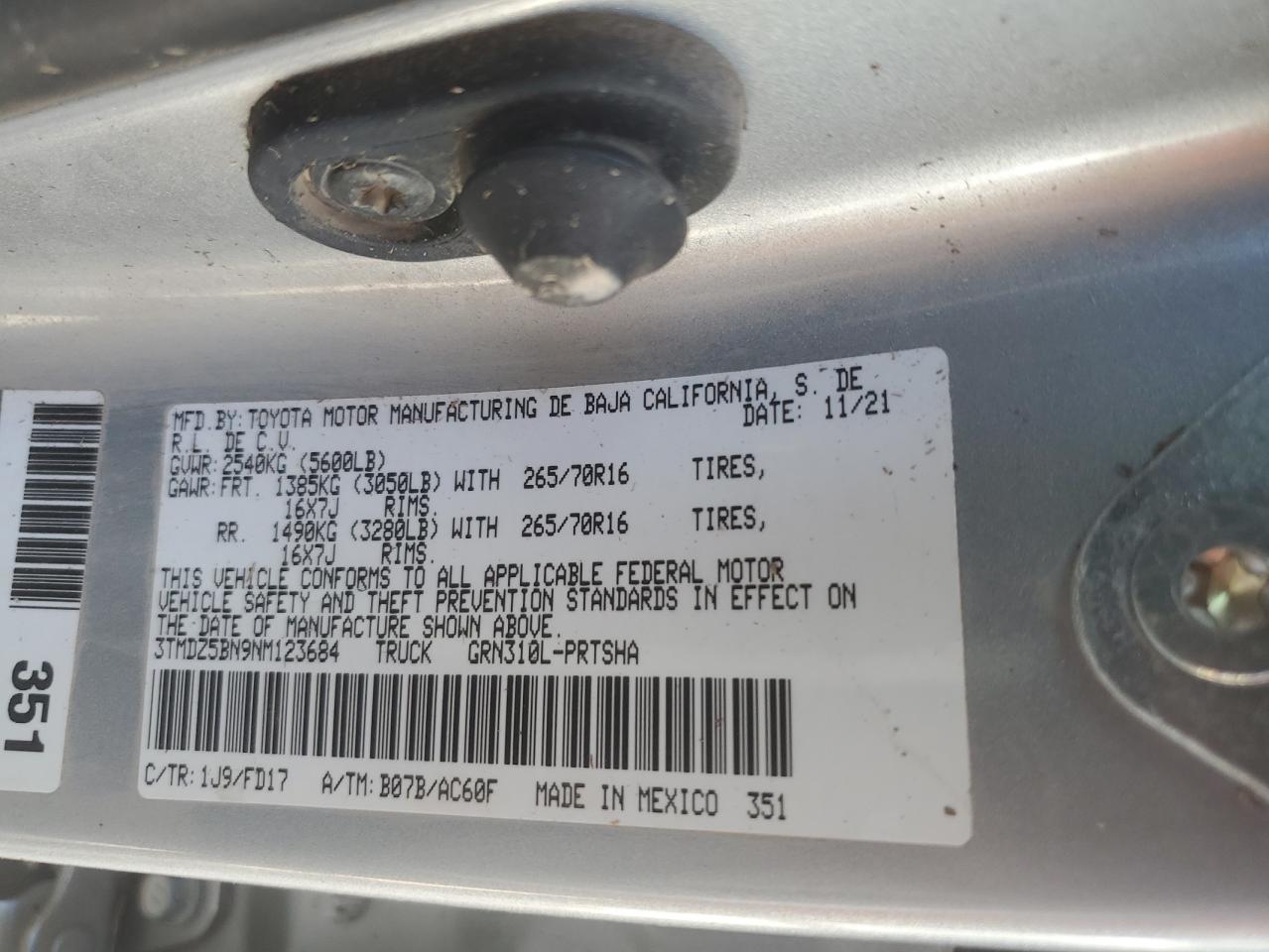 2022 TOYOTA TACOMA DOUBLE CAB VIN:3TMDZ5BN9NM123684